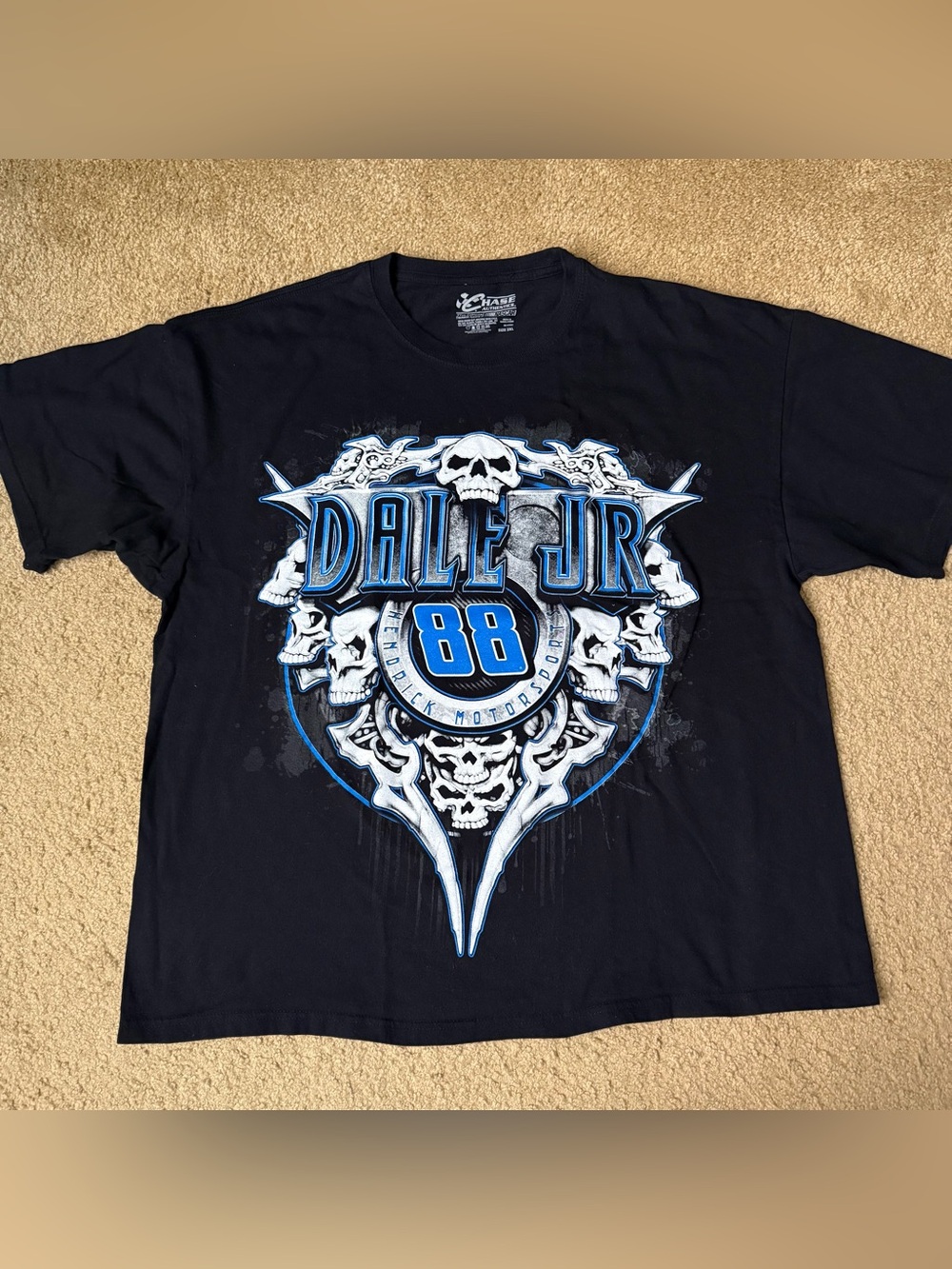 NASCAR Dale Earnhardt Jr. 88 Blue White Skull T-Shirt Front & Back Graphic